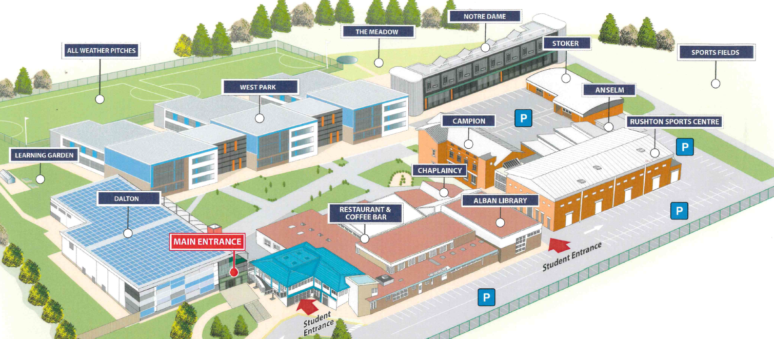 Illustrated map of Carmel College campus showing the Student Entrance, Main Entrance and main buildings
